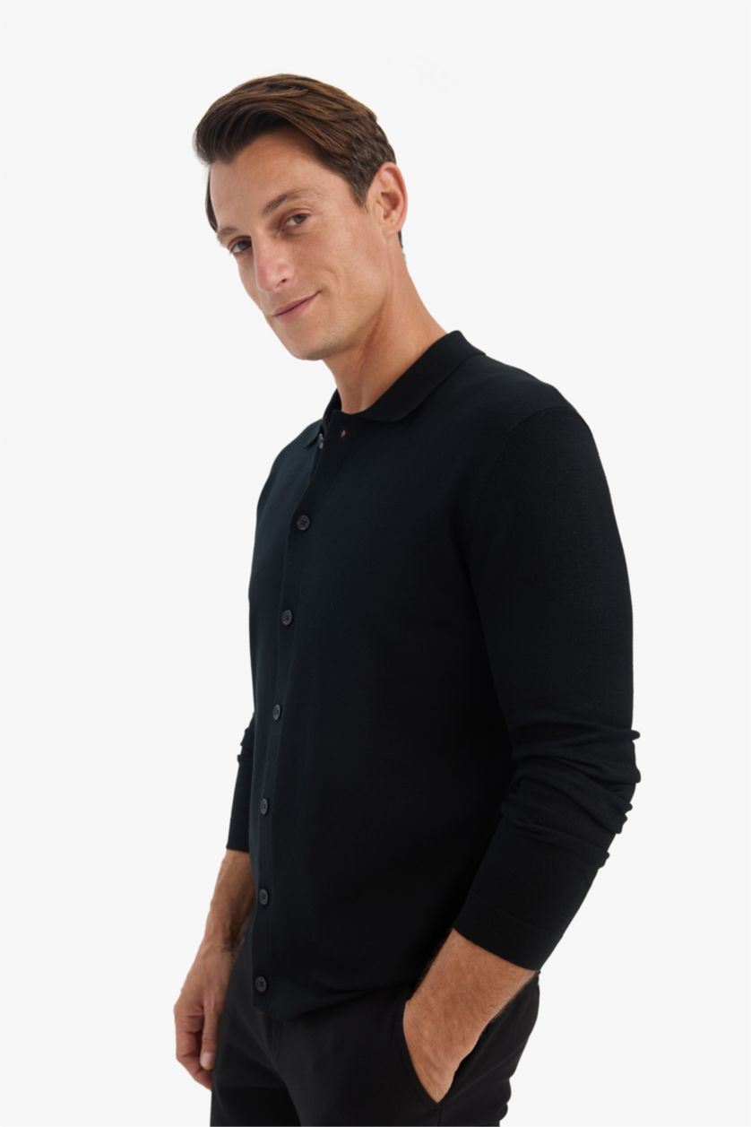 HOMME Noir Cardigan Chemise en tricot à col polo Coupe standard