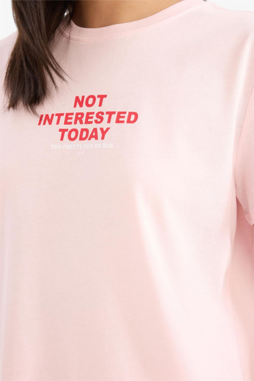 Kadın Açık Pembe %100 Pamuk Relax Fıt Baskılı Penye Tişört