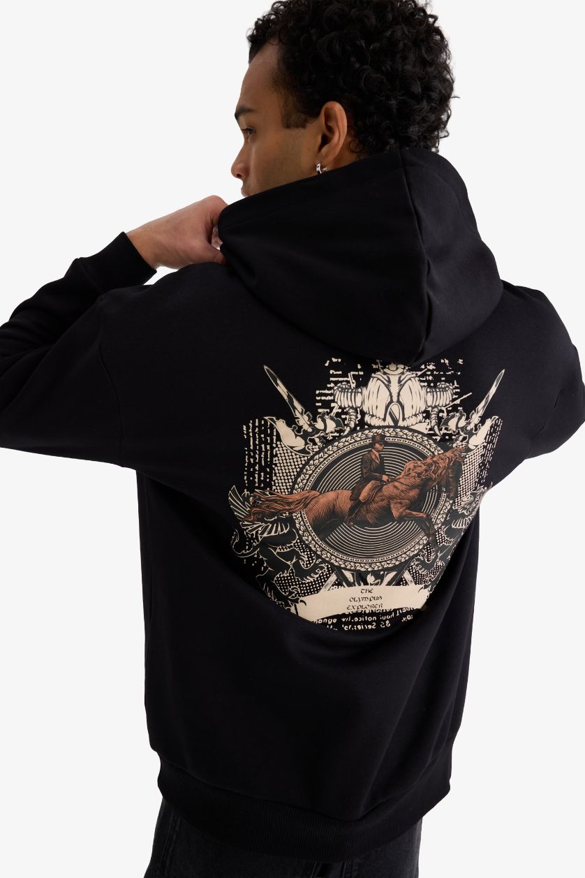 رجالي أسود سويت شيرت اوفر سايز بكابيشون وطبعة من الخلف