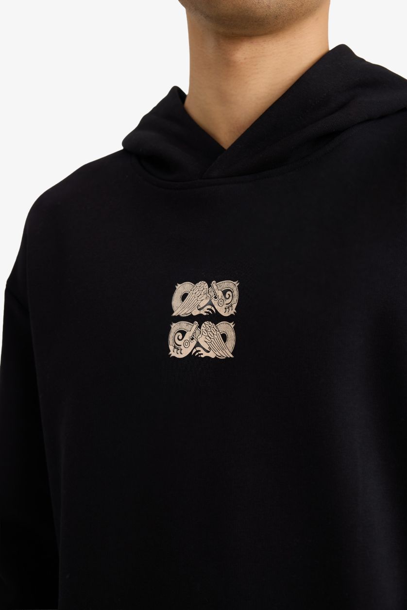 رجالي أسود سويت شيرت اوفر سايز بكابيشون وطبعة من الخلف