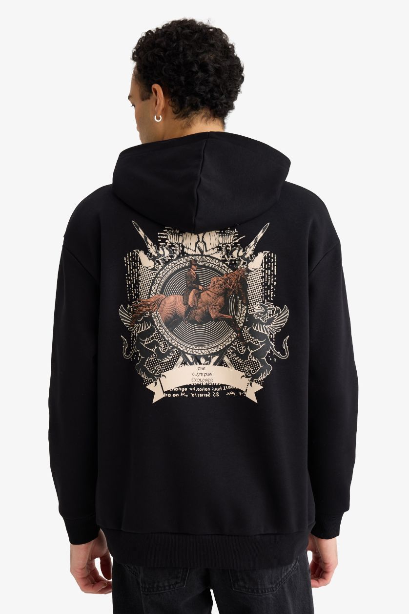 رجالي أسود سويت شيرت اوفر سايز بكابيشون وطبعة من الخلف