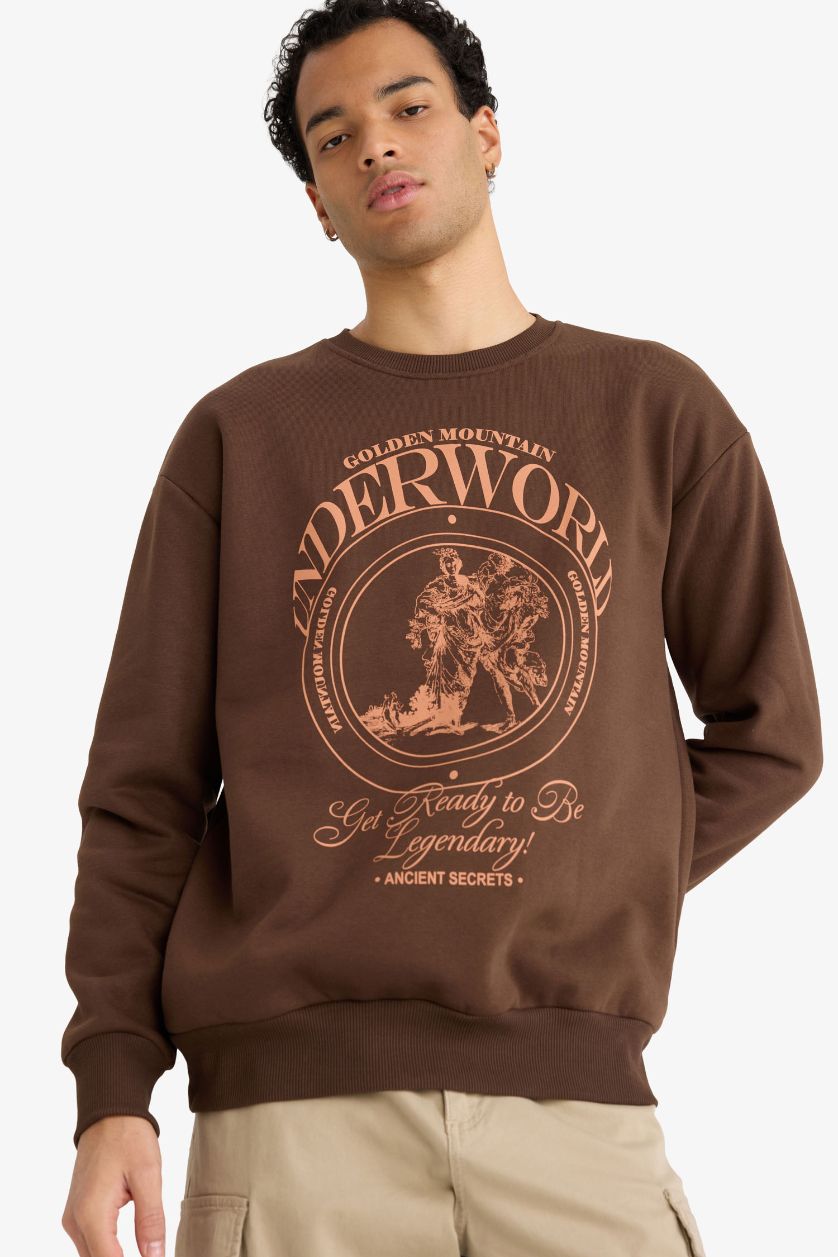 Erkek Kahve Boxy Fıt Bisiklet Yaka Baskılı Sweatshirt