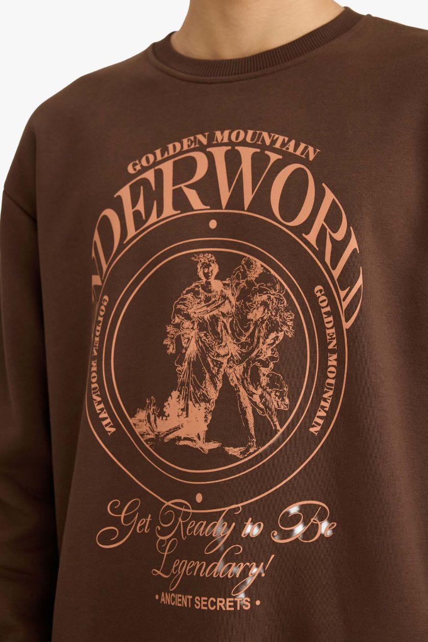 Erkek Kahve Boxy Fıt Bisiklet Yaka Baskılı Sweatshirt