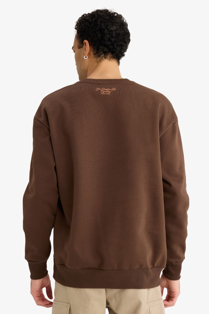 Erkek Kahve Boxy Fıt Bisiklet Yaka Baskılı Sweatshirt