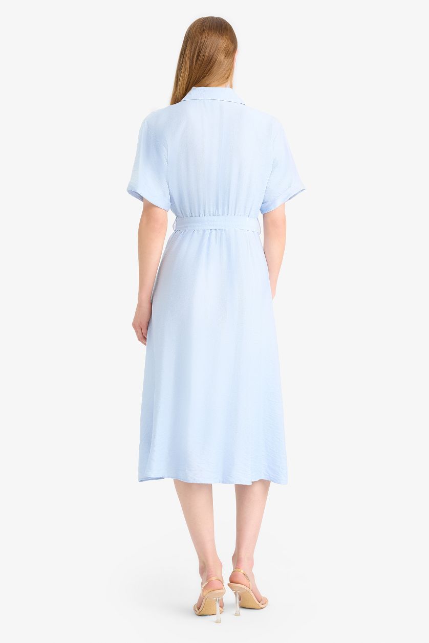 Kadın Açık Mavi Gömlek Yaka Kuşaklı Kısa Kollu Midi Yazlık Elbise