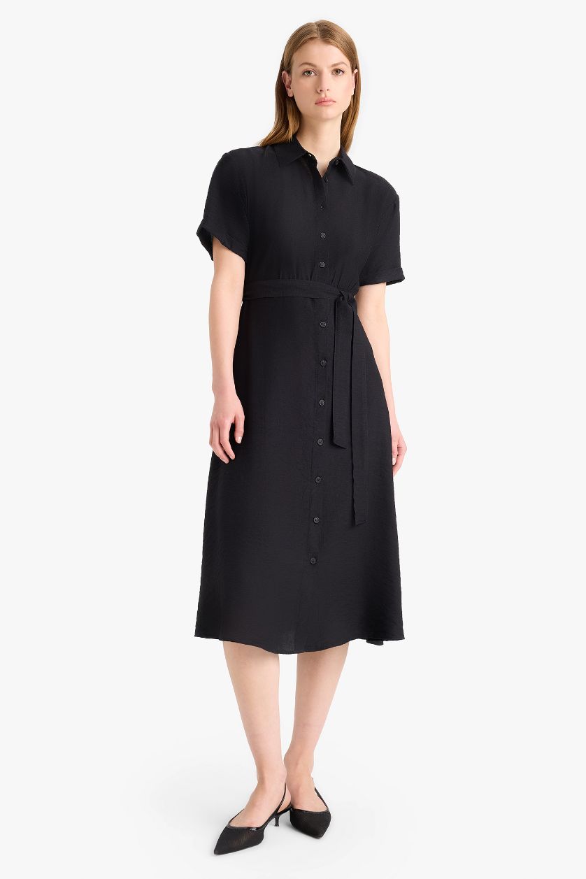 Kadın Siyah Gömlek Yaka Kuşaklı Kısa Kollu Midi Siyah Yazlık Elbise
