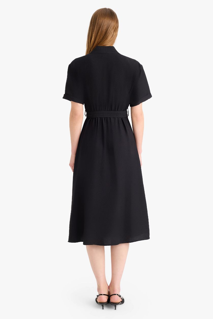 Kadın Siyah Gömlek Yaka Kuşaklı Kısa Kollu Midi Siyah Yazlık Elbise