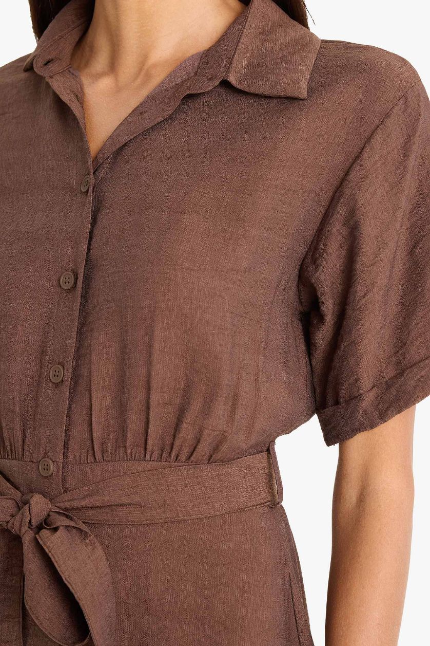 Kadın Kahve Gömlek Yaka Kuşaklı Kısa Kollu Midi Yazlık Elbise
