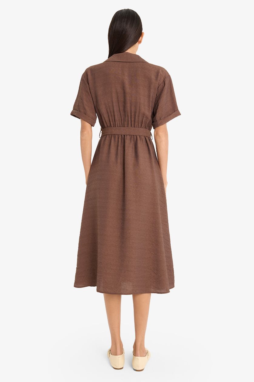 Kadın Kahve Gömlek Yaka Kuşaklı Kısa Kollu Midi Yazlık Elbise