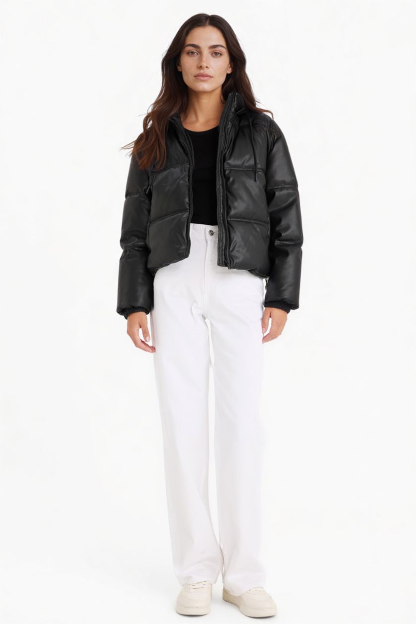 Woman Black Regular Fit Hooded Fleece Lined Faux Leather Jacket