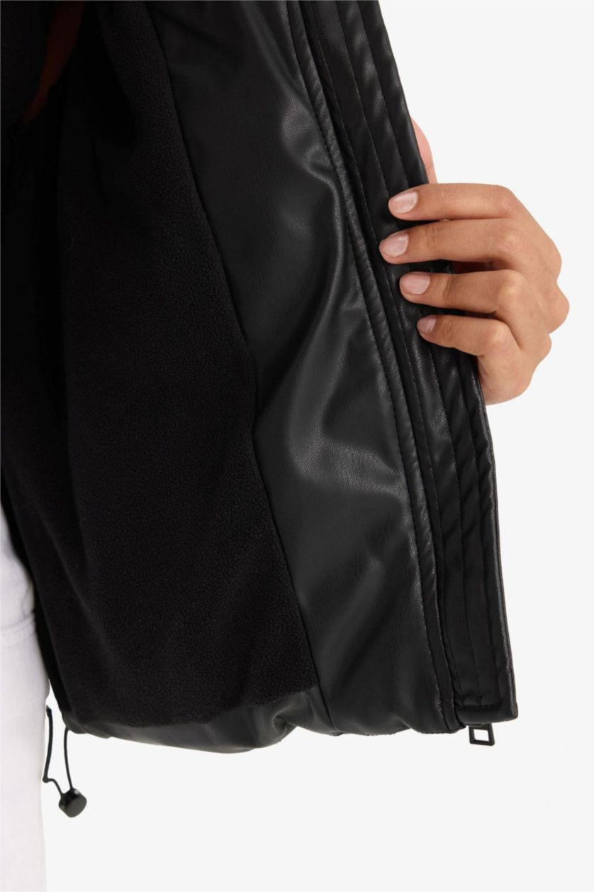 Woman Black Regular Fit Hooded Fleece Lined Faux Leather Jacket