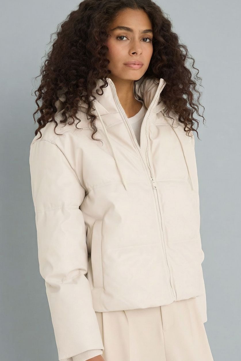 Woman Ecru Regular Fit Hooded Fleece Lined Faux Leather Jacket