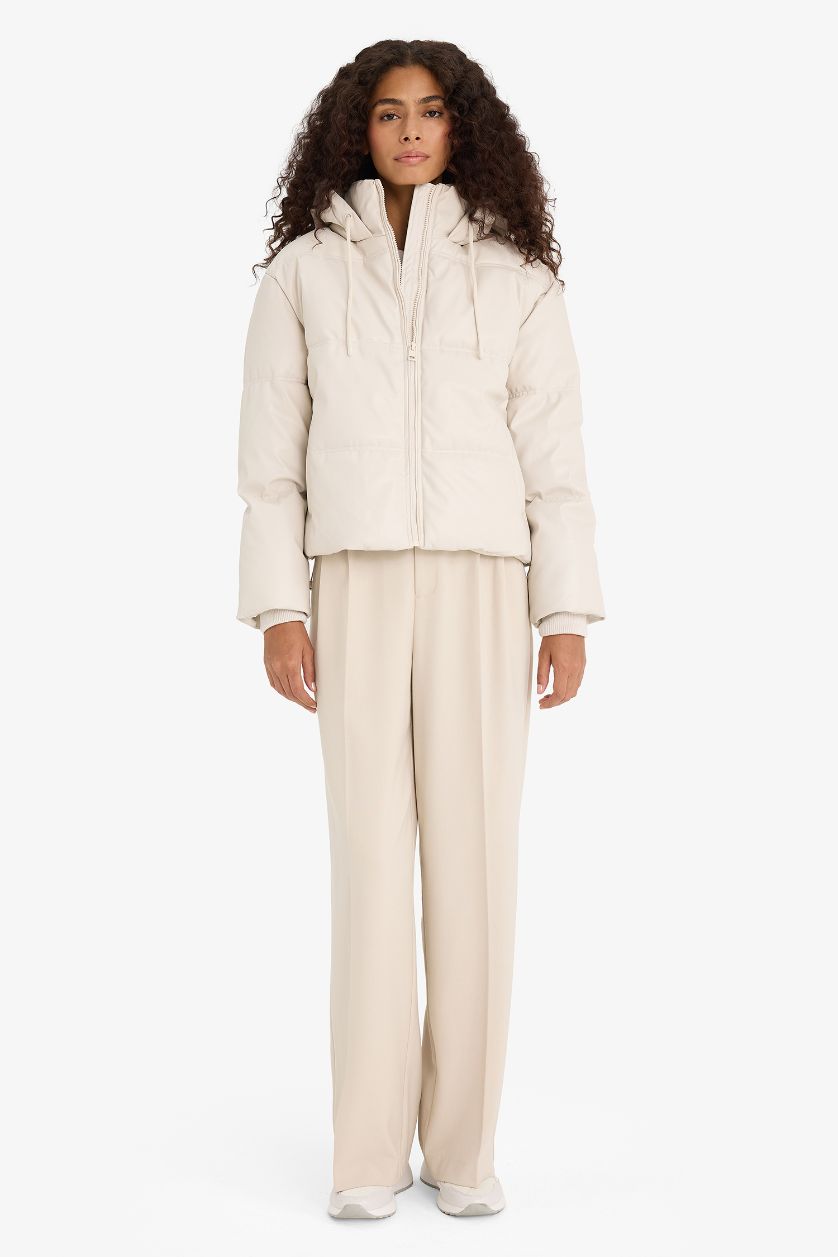 Woman Ecru Regular Fit Hooded Fleece Lined Faux Leather Jacket