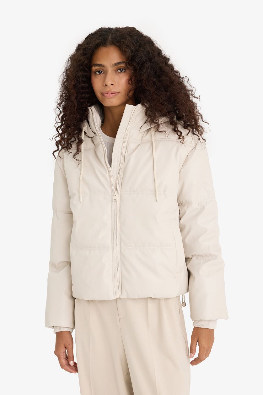 Woman Ecru Regular Fit Hooded Fleece Lined Faux Leather Jacket