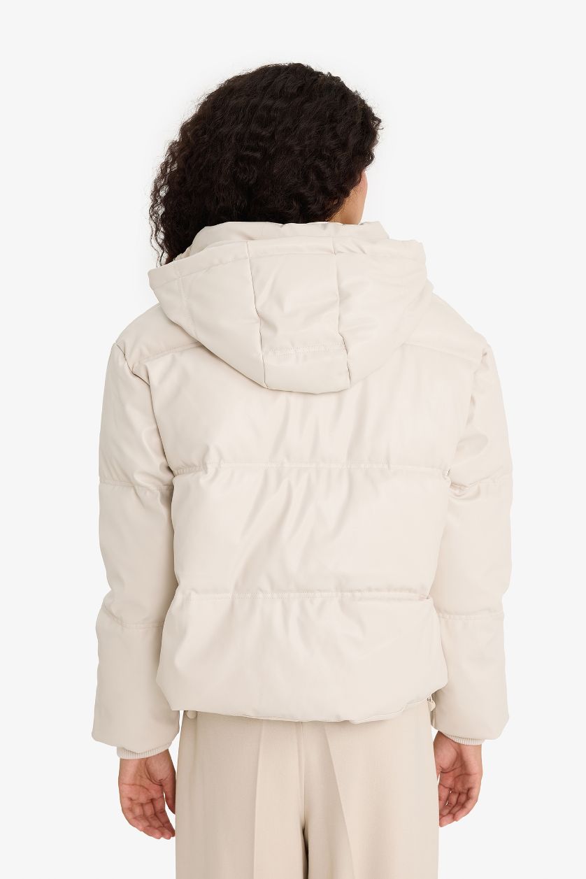 Woman Ecru Regular Fit Hooded Fleece Lined Faux Leather Jacket