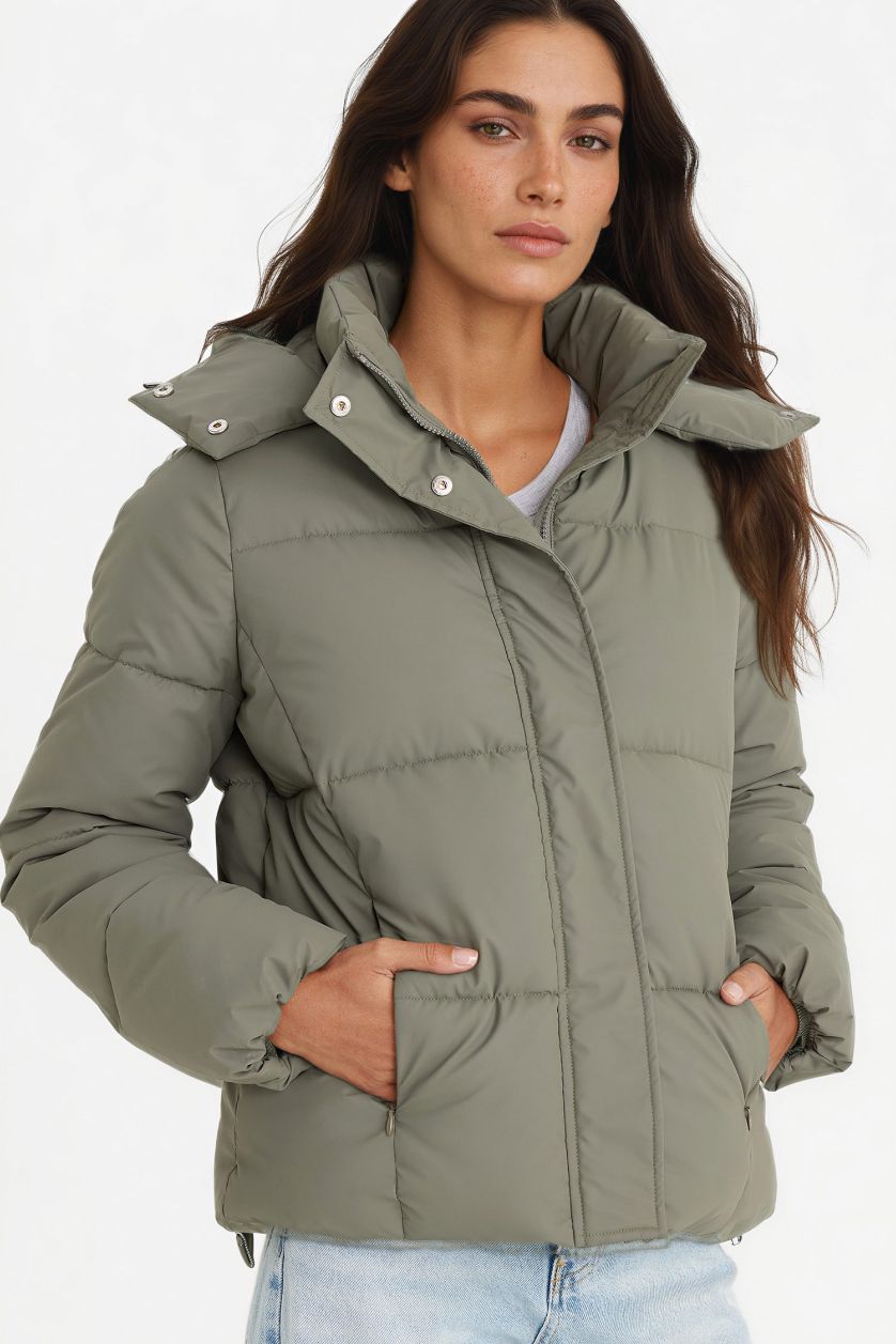 Woman Khaki Regular Fit Hooded Zippered Puffer Jacket