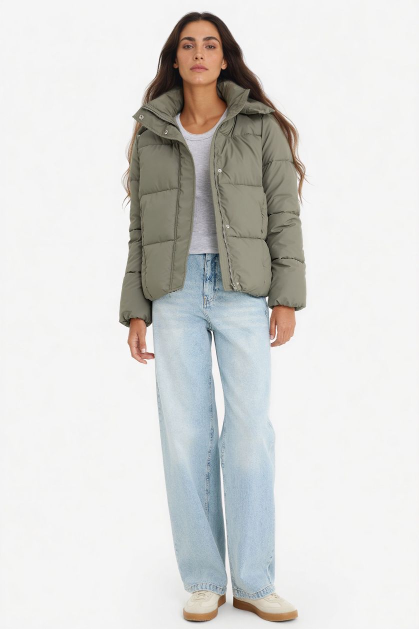 Woman Khaki Regular Fit Hooded Zippered Puffer Jacket