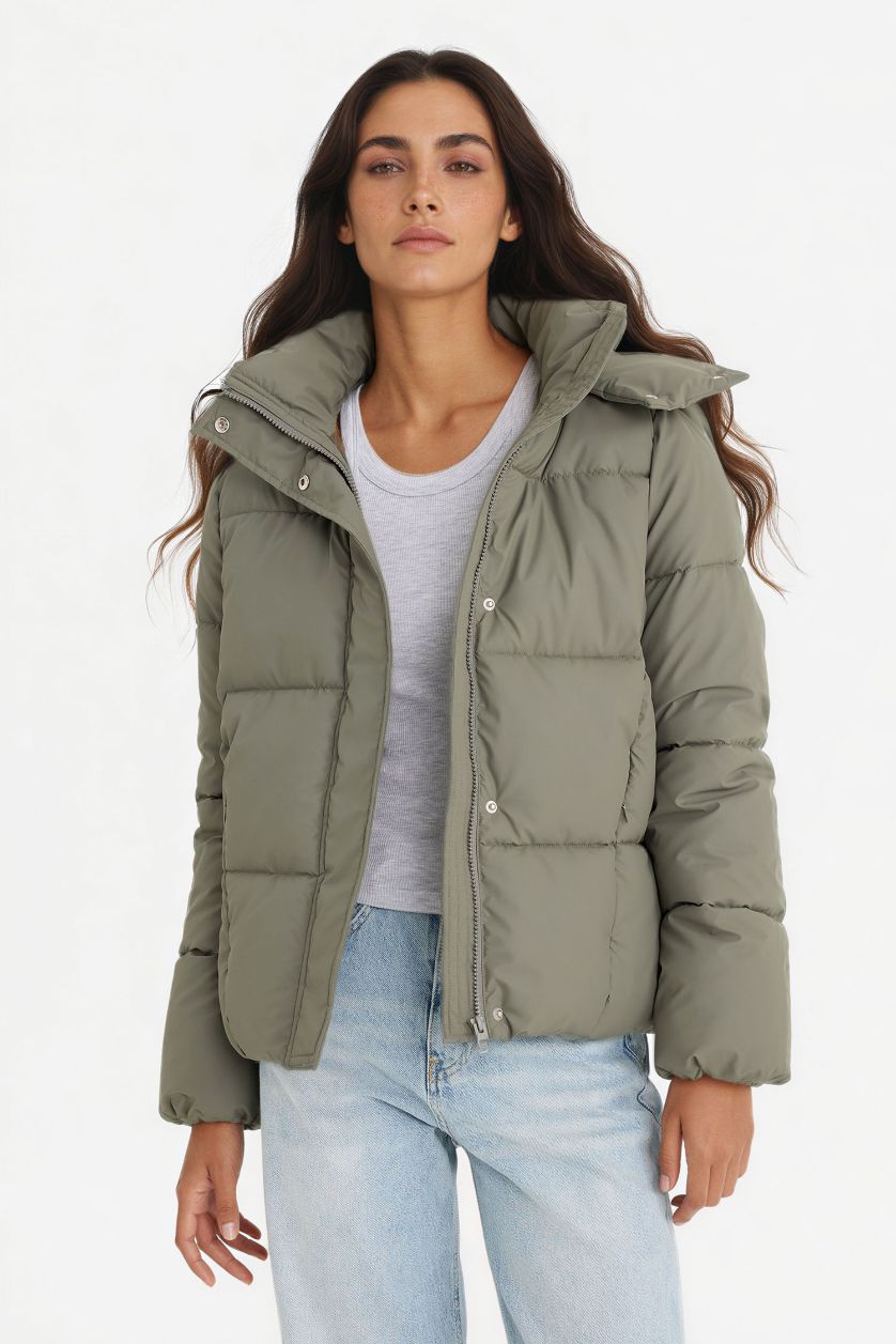 Woman Khaki Regular Fit Hooded Zippered Puffer Jacket