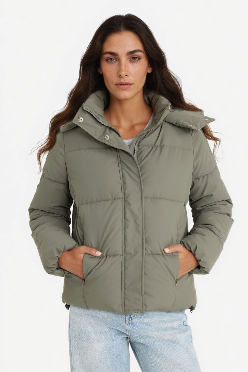 Woman Khaki Regular Fit Hooded Zippered Puffer Jacket