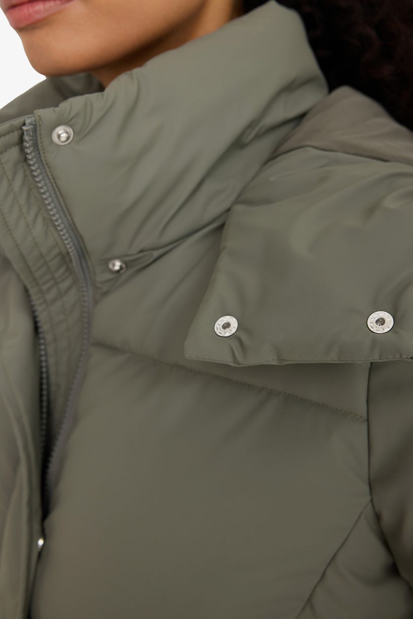 Woman Khaki Regular Fit Hooded Zippered Puffer Jacket