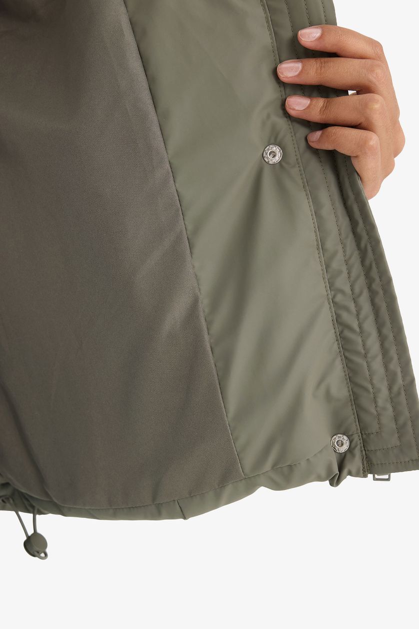 Woman Khaki Regular Fit Hooded Zippered Puffer Jacket