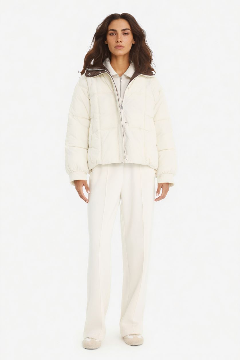 نساء بيج فاتح قمصلة نفخ قصير قصة عادية بغطاء للرأس