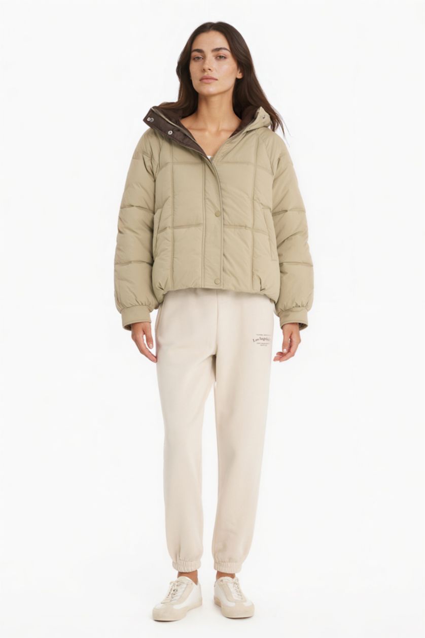 Kadın Haki Regular Fit Kapüşonlu Fermuarlı Şişme Mont