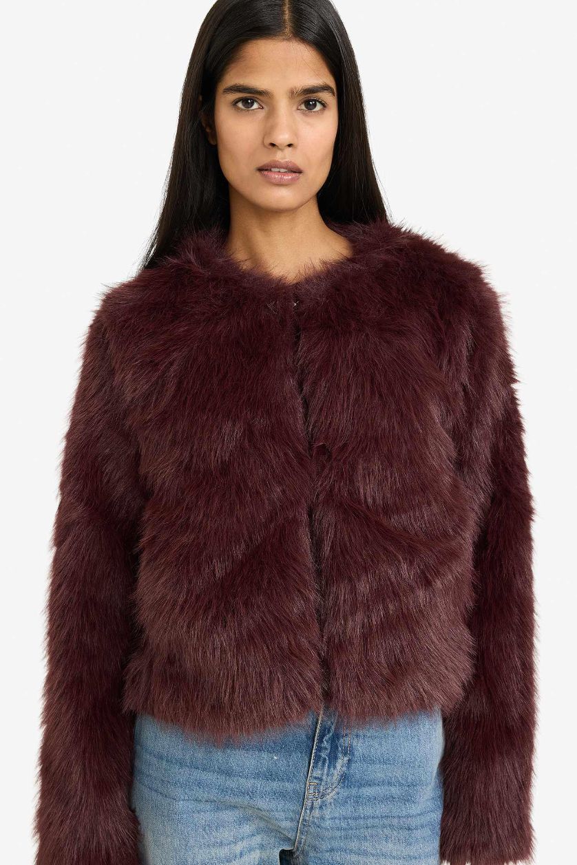 Kadın Bordo Regular Fit Kısa Suni Kürk