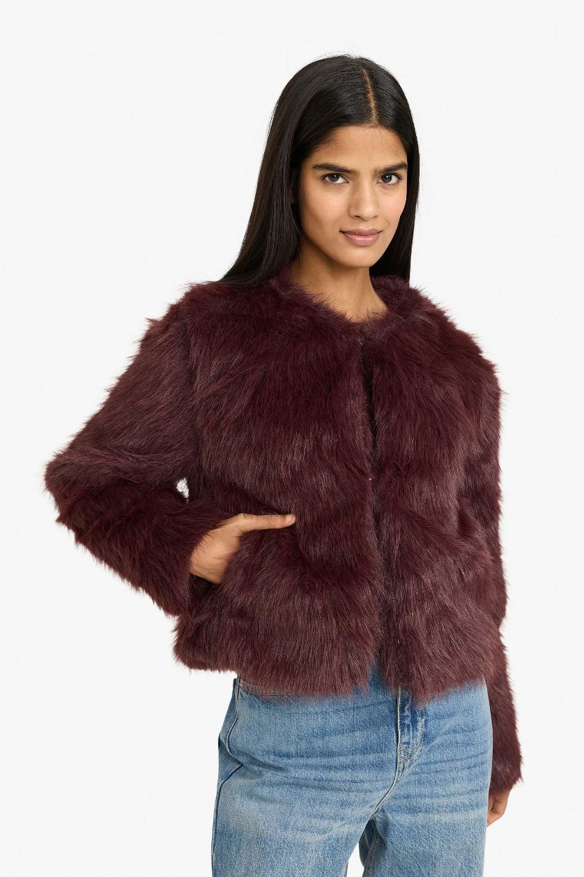 Kadın Bordo Regular Fit Kısa Suni Kürk