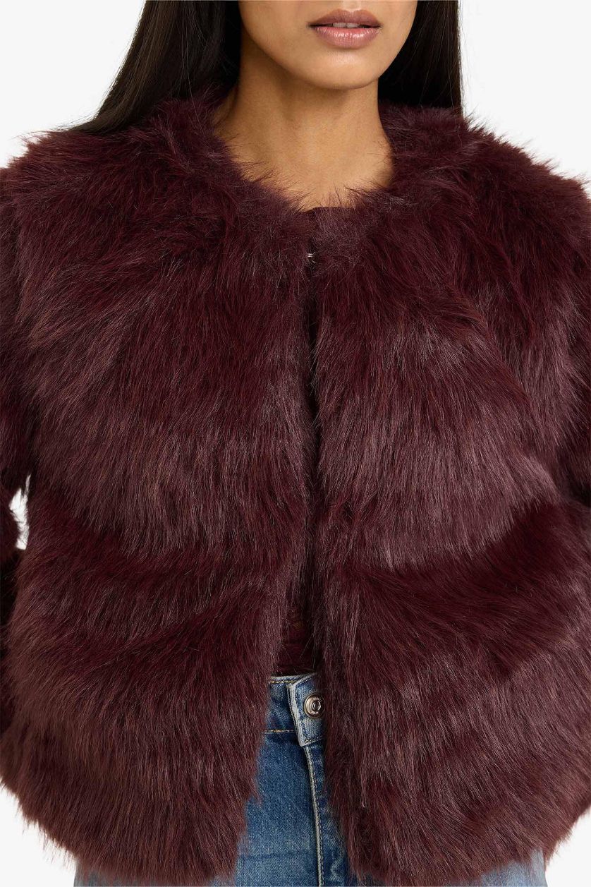 Kadın Bordo Regular Fit Kısa Suni Kürk