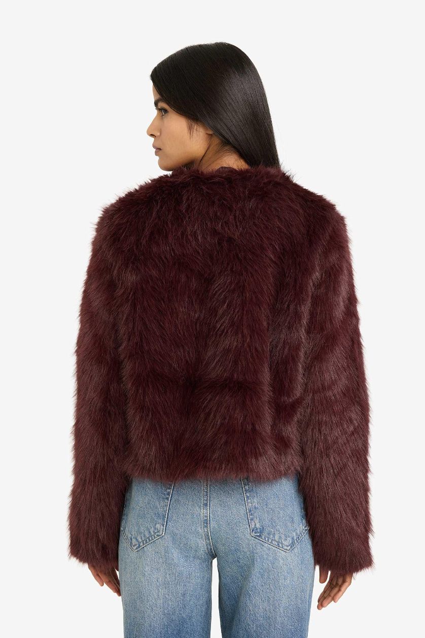 Kadın Bordo Regular Fit Kısa Suni Kürk