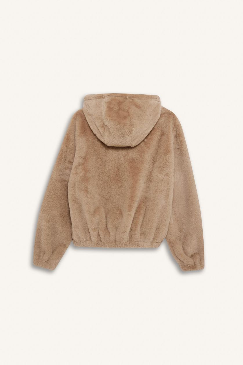 Kadın Bej Regular Fit Polar Astarlı Kapüşonlu Fermuarlı Suni Kürk 