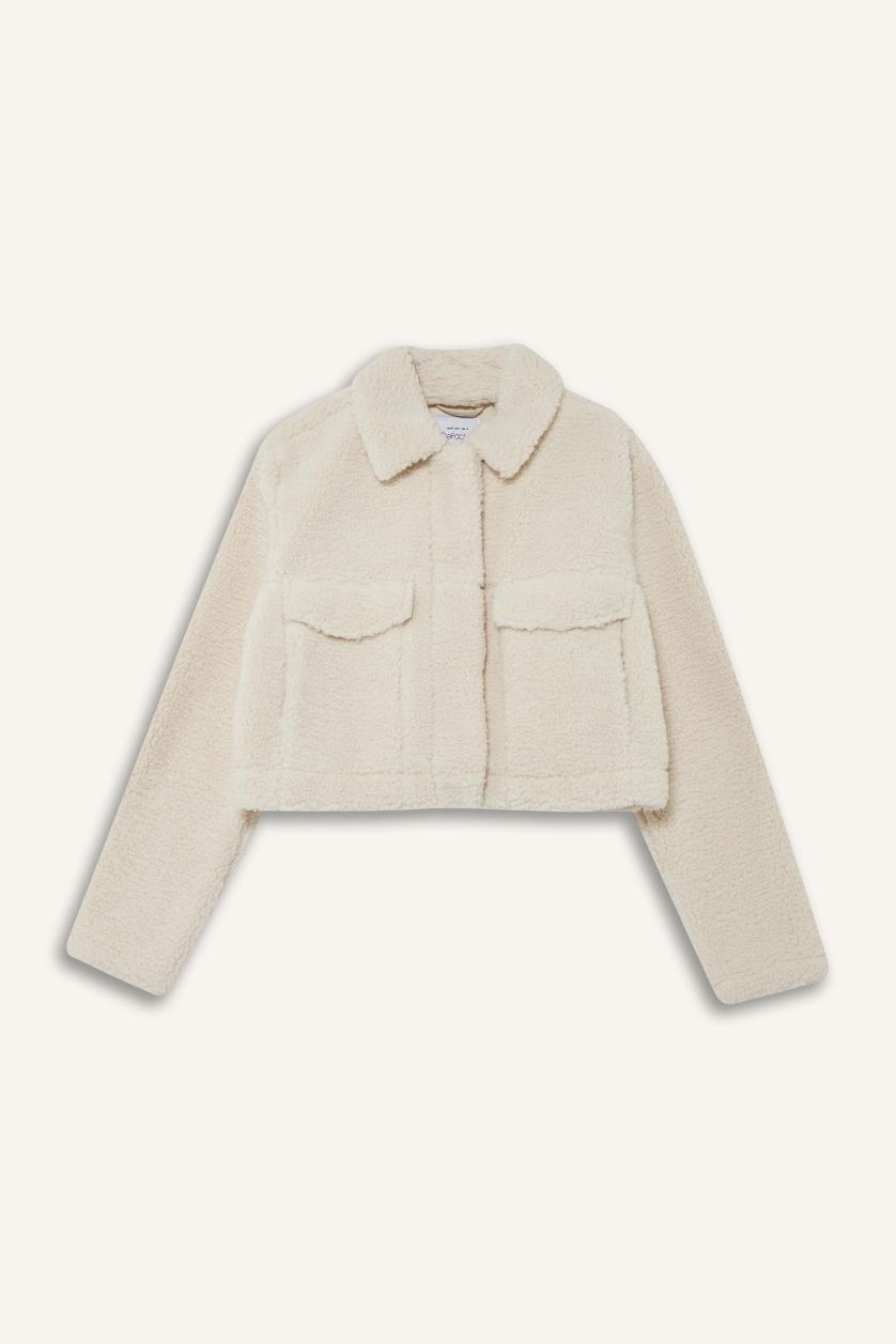 Kadın Ekru Regular Fit Çıtçıtlı Suni Kürk Mont