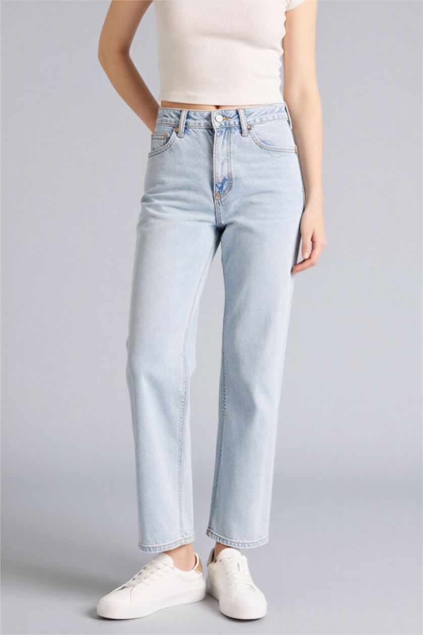 نساء أزرق فاتح سروال جينز قصة مستقيمة بخصر عالي