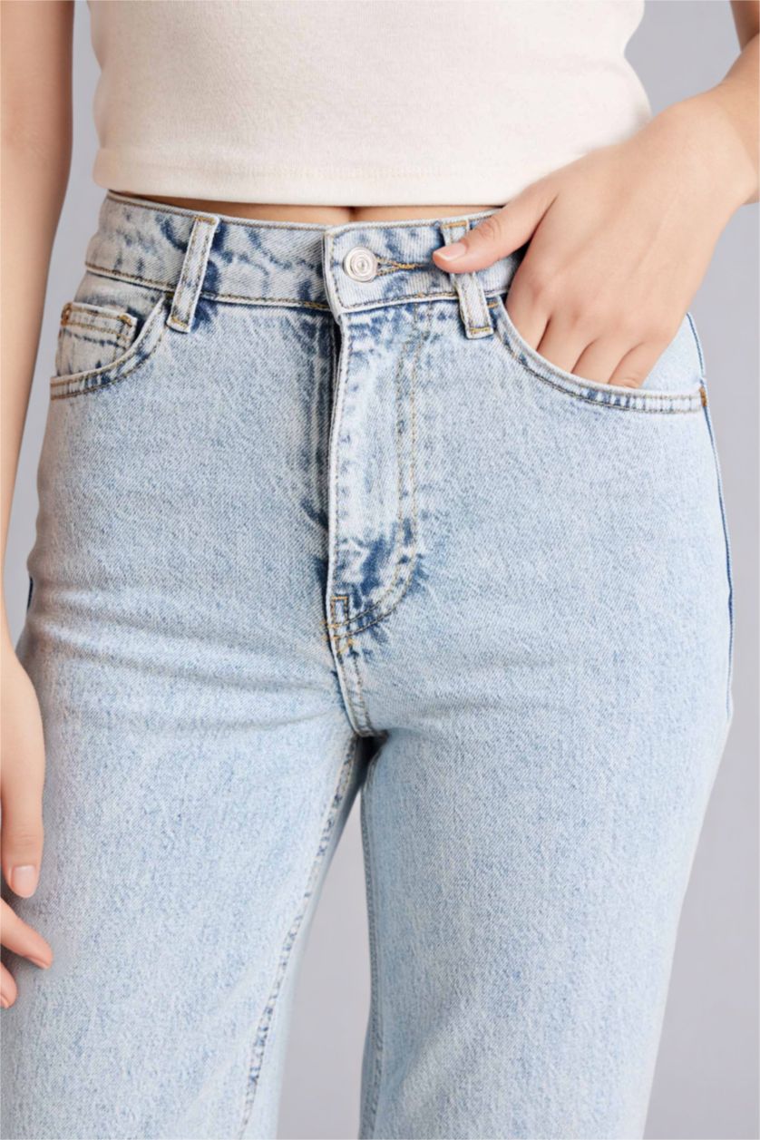 نساء أزرق فاتح سروال جينز قصة مستقيمة بخصر عالي