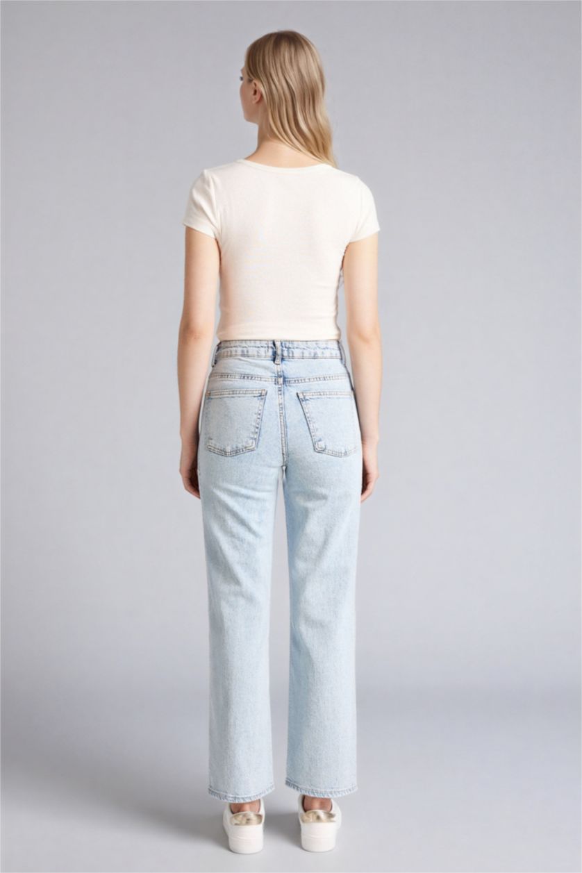 نساء أزرق فاتح سروال جينز قصة مستقيمة بخصر عالي