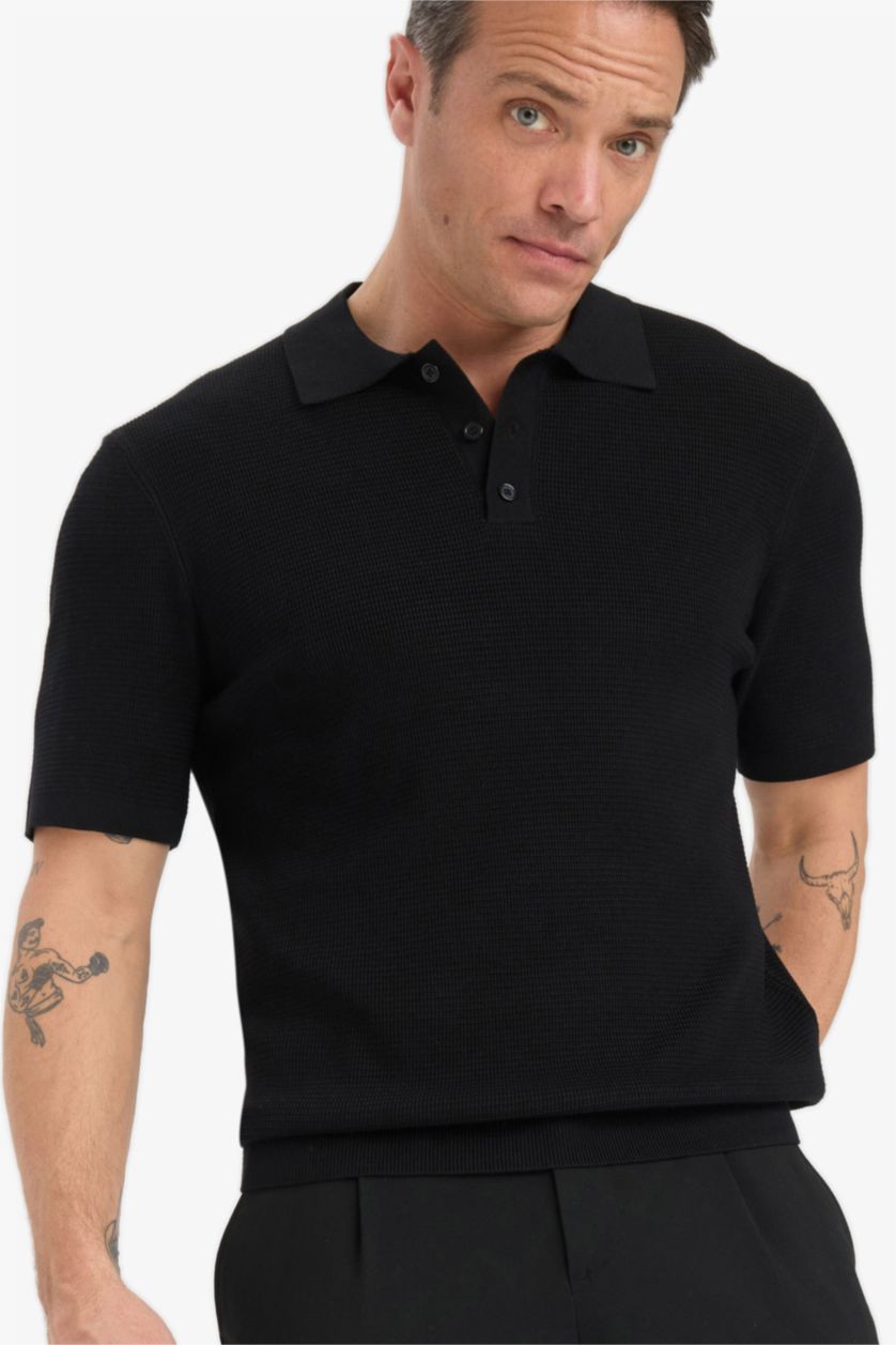 رجال أسود Standard Fit Knitwear Short Sleeve Polo T-Shirt