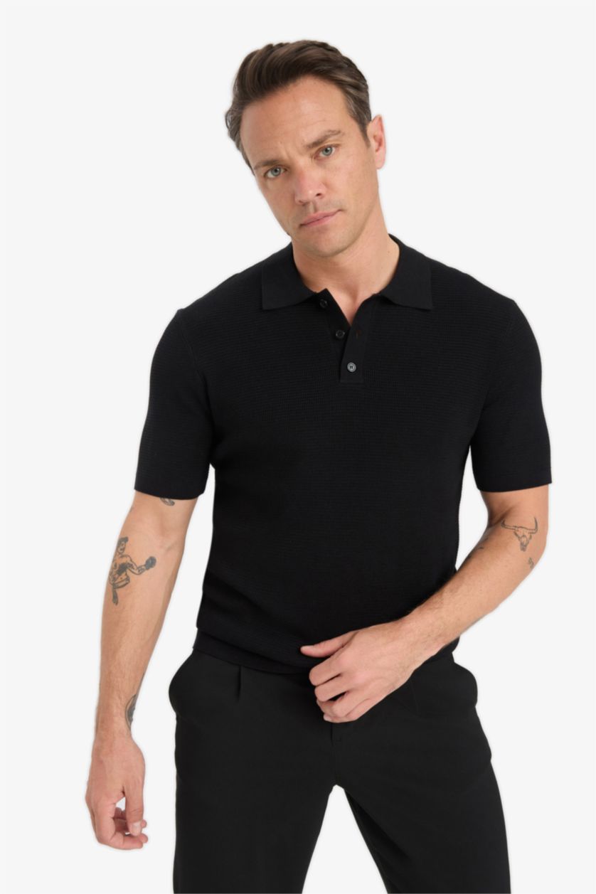 رجال أسود Standard Fit Knitwear Short Sleeve Polo T-Shirt