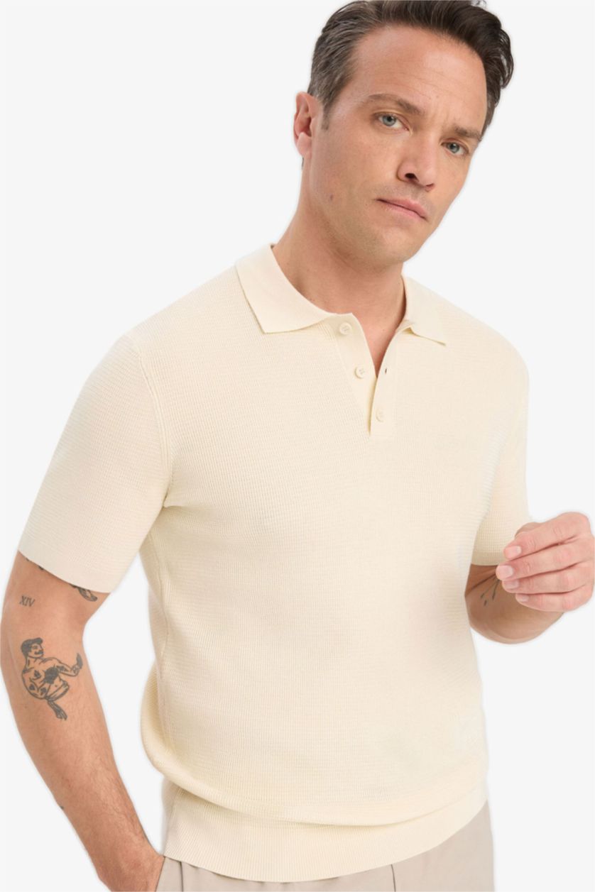 HOMME Écru T-shirt Polo en maille à manches courtes Coupe standard