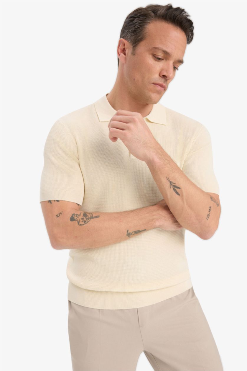 HOMME Écru T-shirt Polo en maille à manches courtes Coupe standard