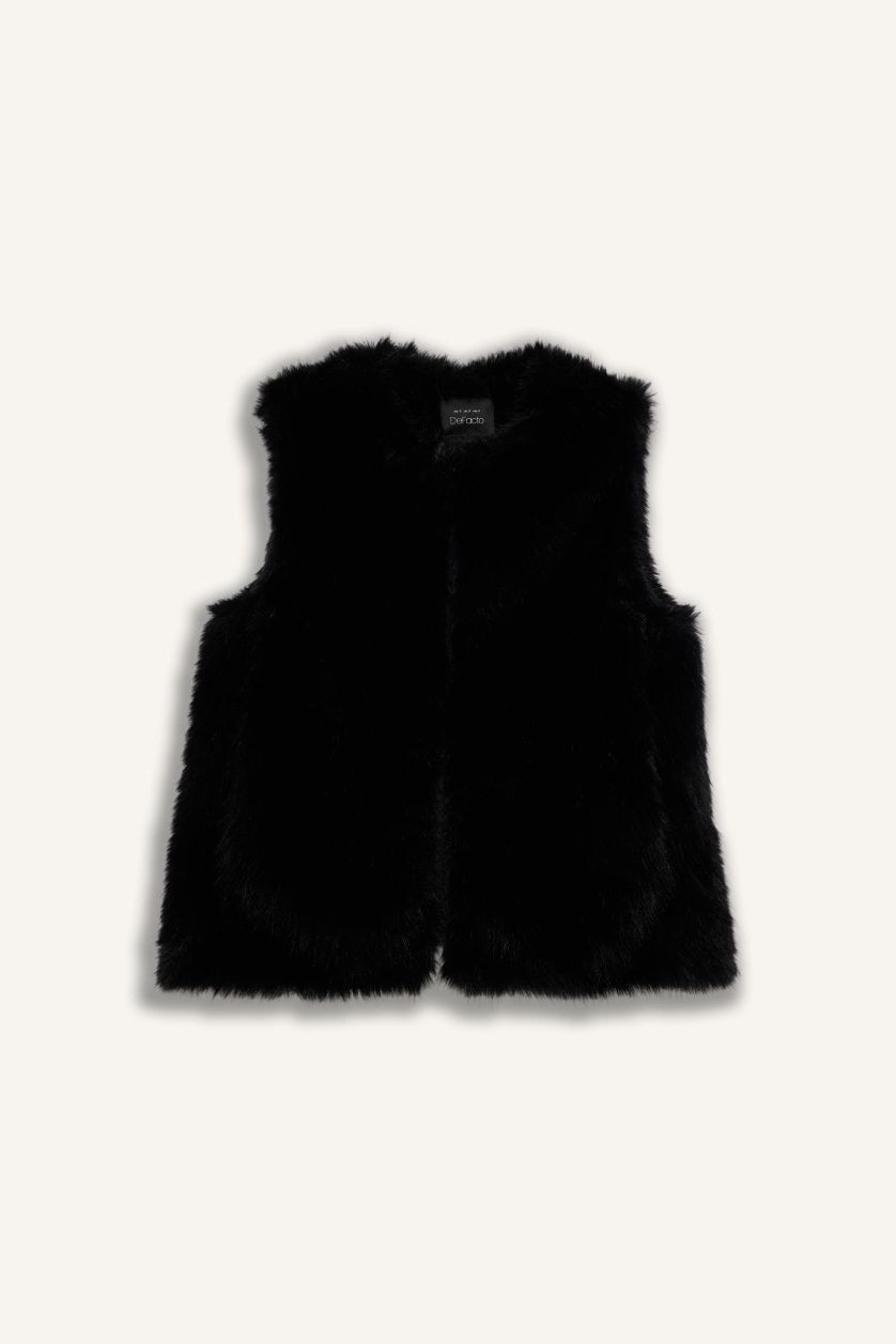 Kadın Siyah Regular Fıt Suni Kürk Yelek