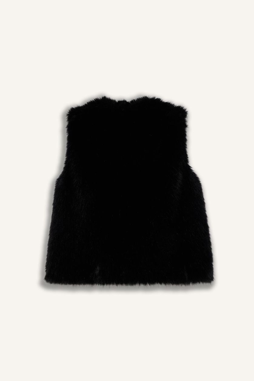 Kadın Siyah Regular Fıt Suni Kürk Yelek