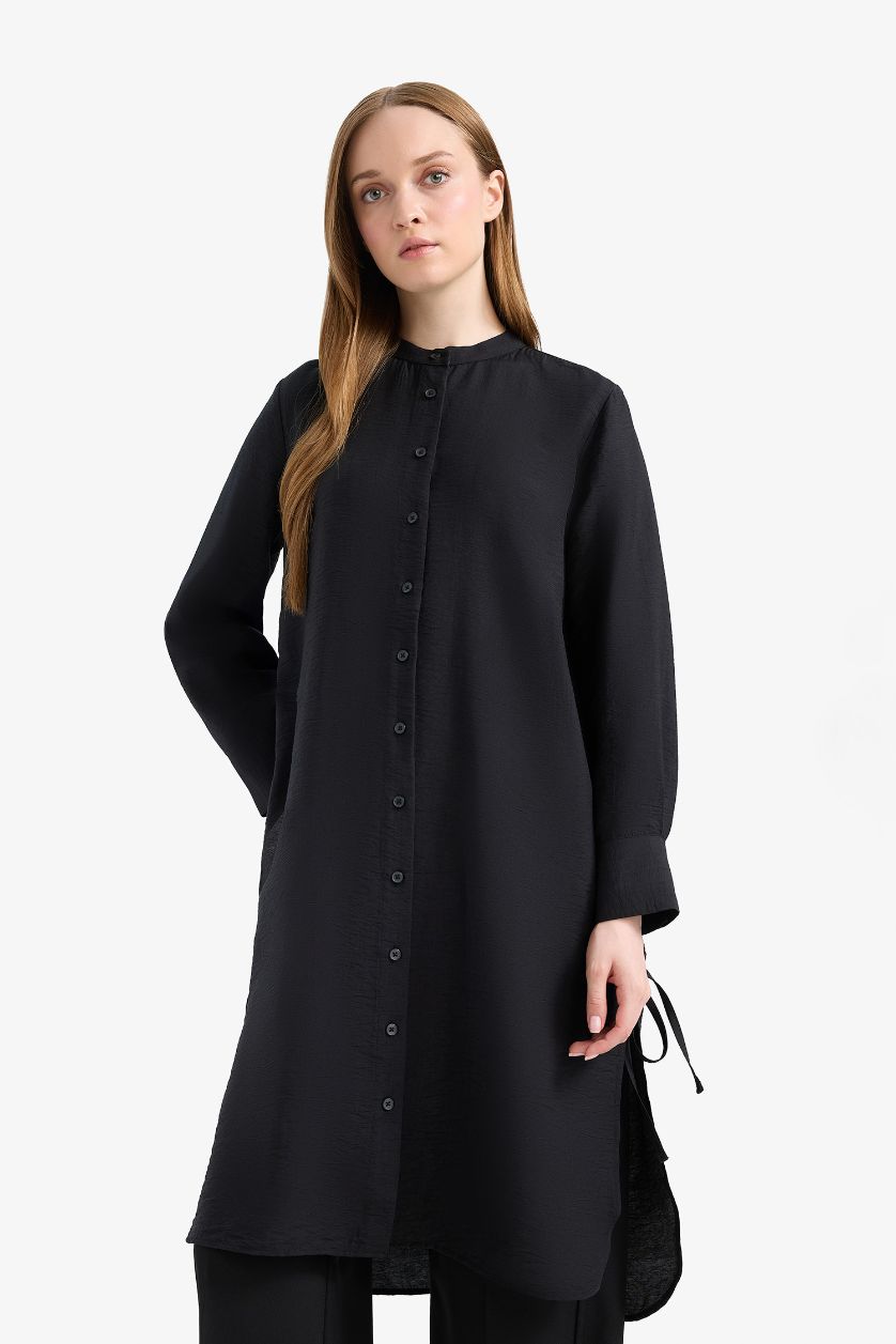 Kadın Siyah Regular Fit Basic Düz Yanları Bağcıklı Uzun Kollu Tesettür Gömlek Tunik