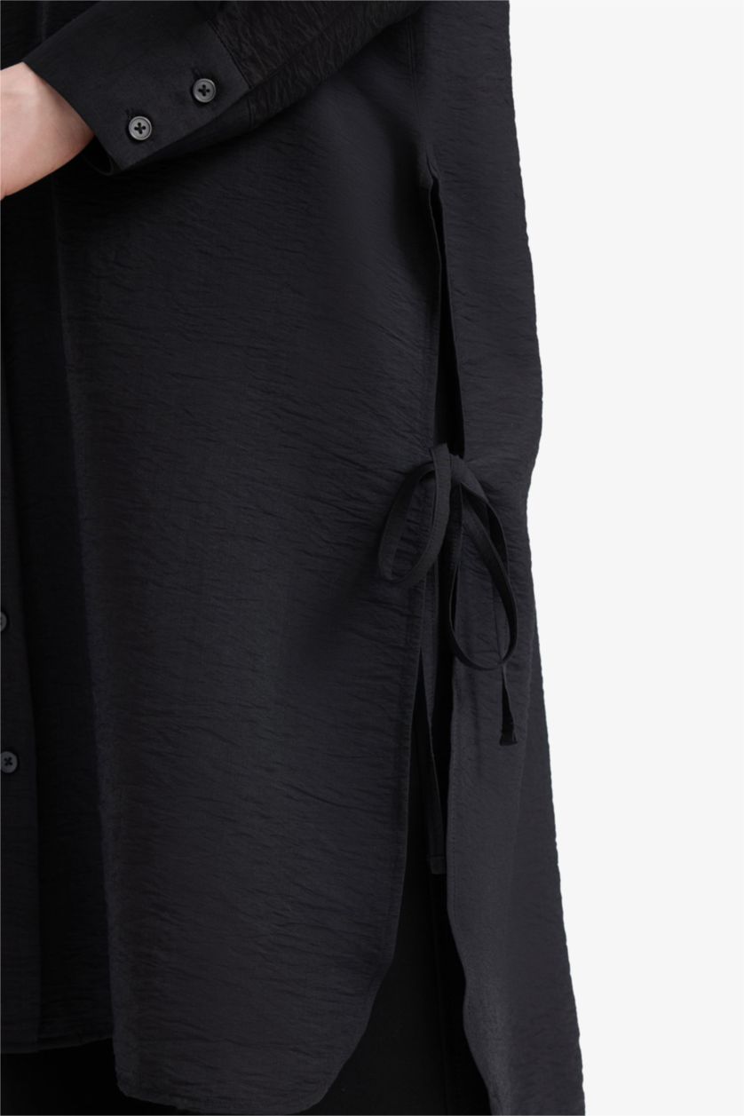 Kadın Siyah Regular Fit Basic Düz Yanları Bağcıklı Uzun Kollu Tesettür Gömlek Tunik