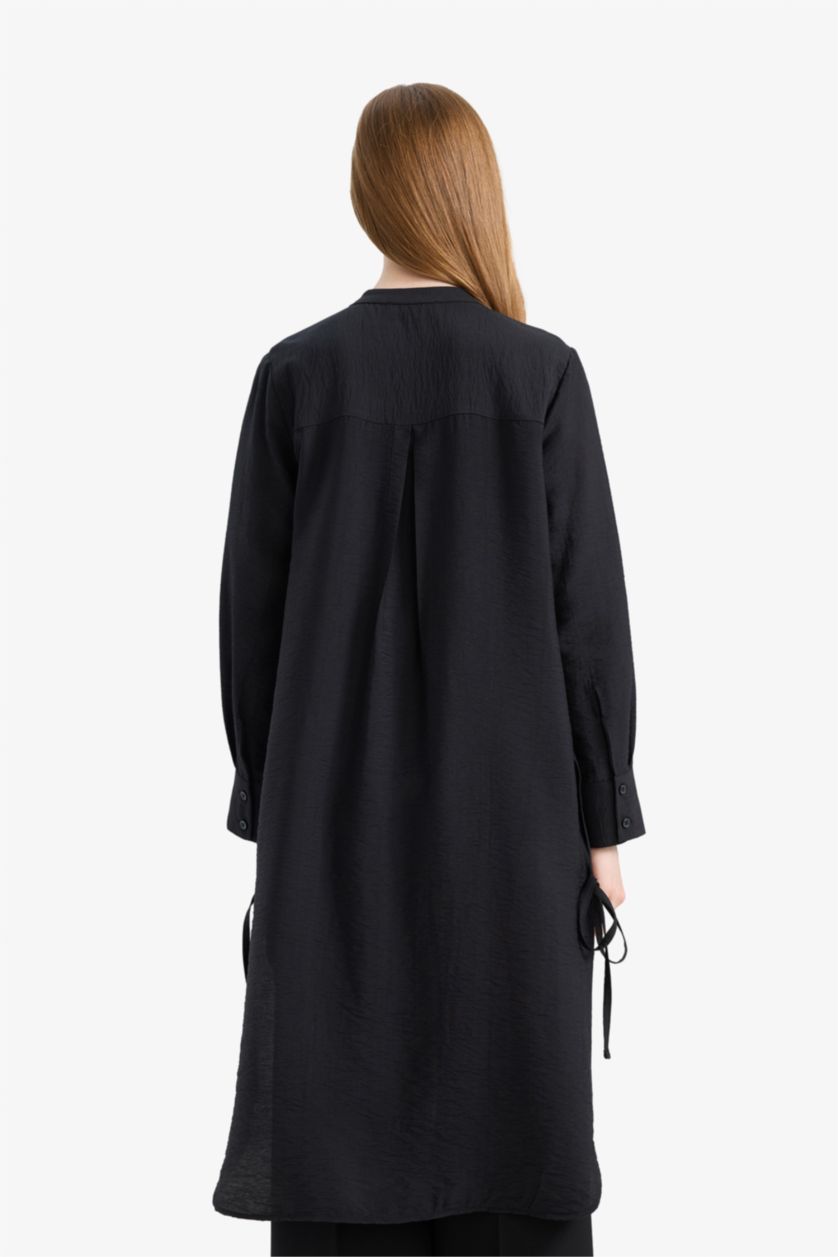 Kadın Siyah Regular Fit Basic Düz Yanları Bağcıklı Uzun Kollu Tesettür Gömlek Tunik