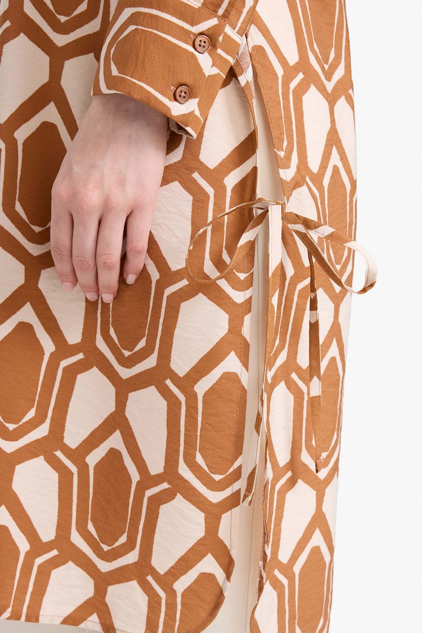 Kadın Koyu Camel Regular Fit Desenli Uzun Kollu Gömlek Tunik