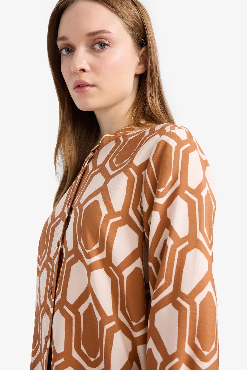 Kadın Koyu Camel Regular Fit Desenli Uzun Kollu Gömlek Tunik