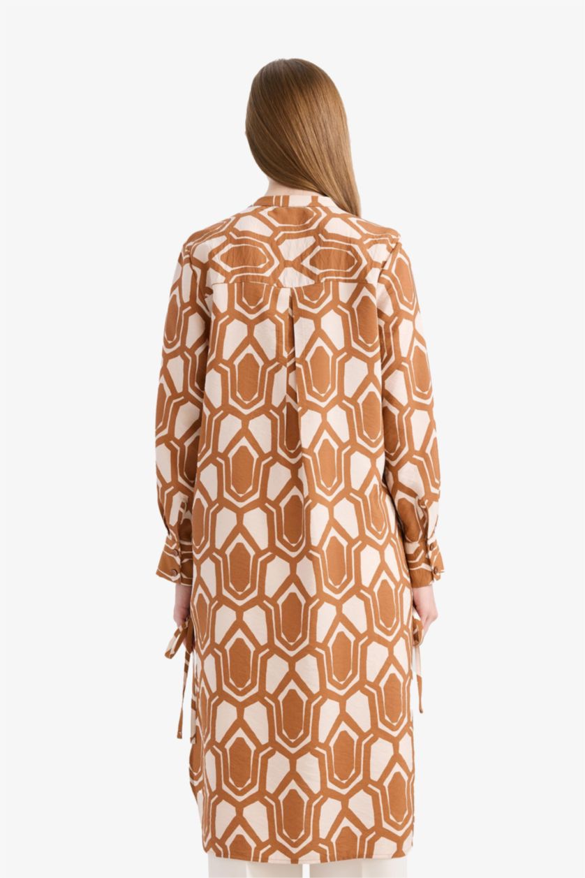 Kadın Koyu Camel Regular Fit Desenli Uzun Kollu Gömlek Tunik