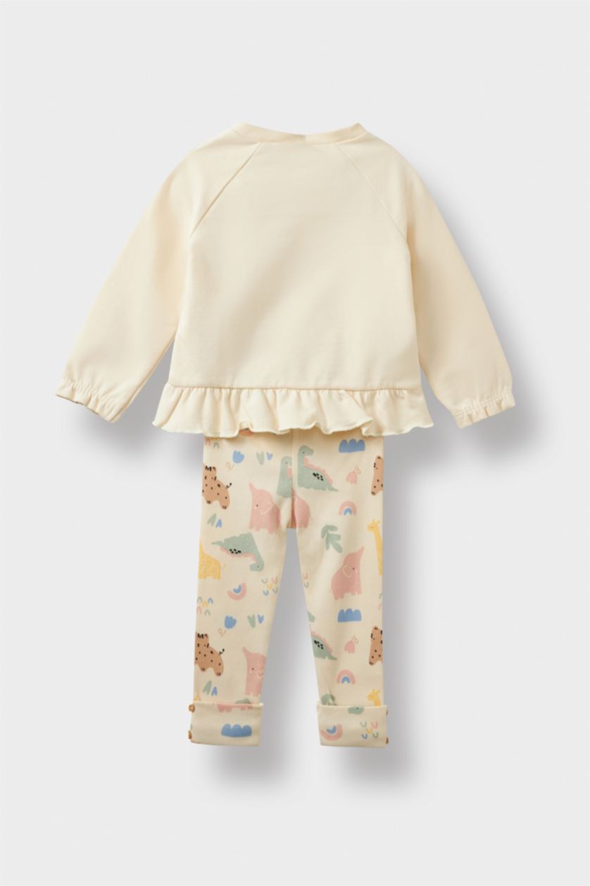 Kız Bebek Ekru 2'li Takım Desenli Sweatshirt Tayt Kız Bebek