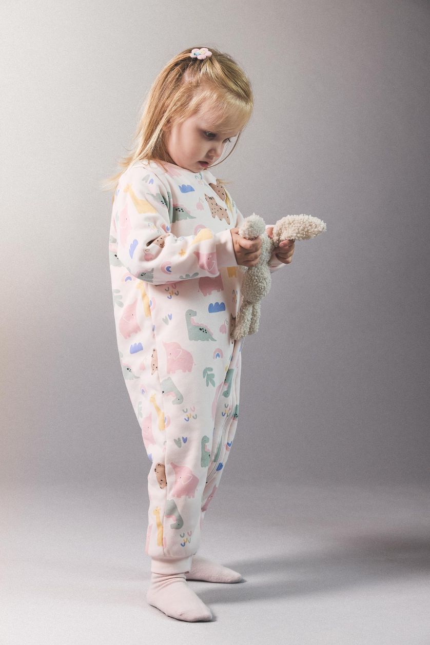 BABY GIRL Light Pink Baby Girl 1 Tog Fiber Dinosaur Printed Zippered Jumpsuit